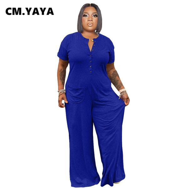 

pants cm.yaya plus size women short sleeve straight jumpsuit pocket side 2022 summer single breasted fashon one piece overall playsuit, Black