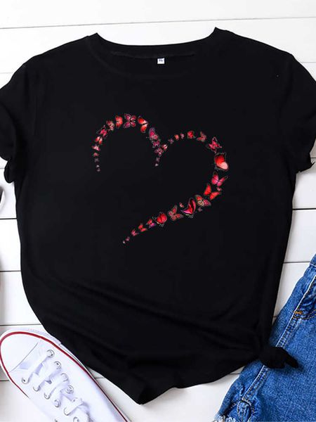 

butterfly heart shape print women t shirt short sleeve o neck loose women tshirt ladies tee shirt clothes camisetas mujer, White