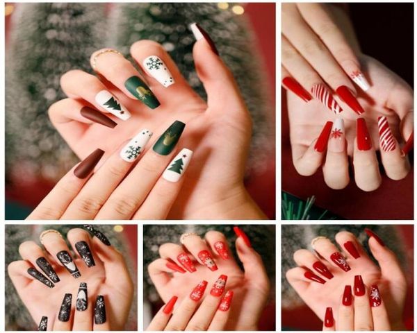

18 styles red white green 24pcsbox selling summer full cover nails tips christmas design style long press on nail tips4657948, Red;gold