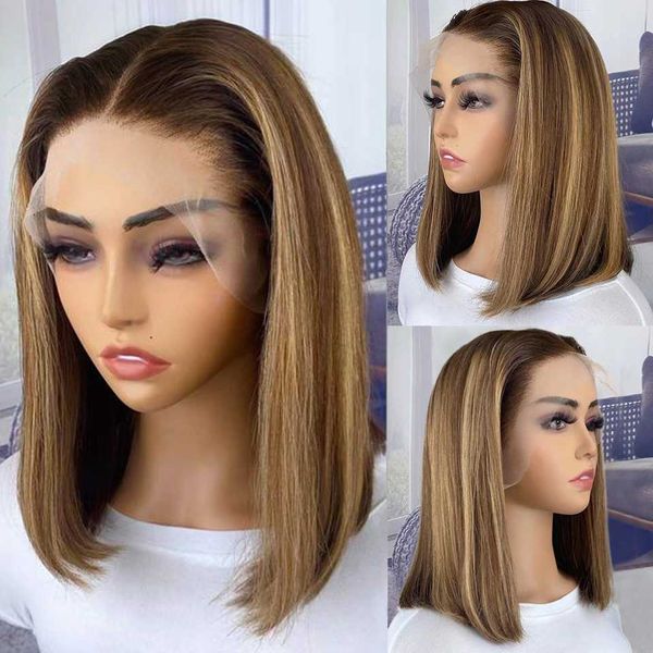 

synthetic wigs highlight straight bob wig 13x6x1 lace front wigs for women ombre blond color brazilian remy hair short human 230227, Black