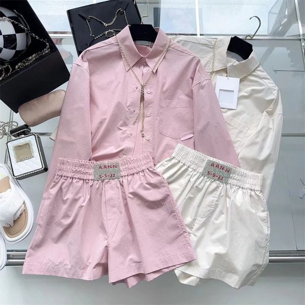

summer two piece dress women's two piece shorts set lady lapel long sleeve turn down collar loose blouse sequin waist 2023 casual suit, White