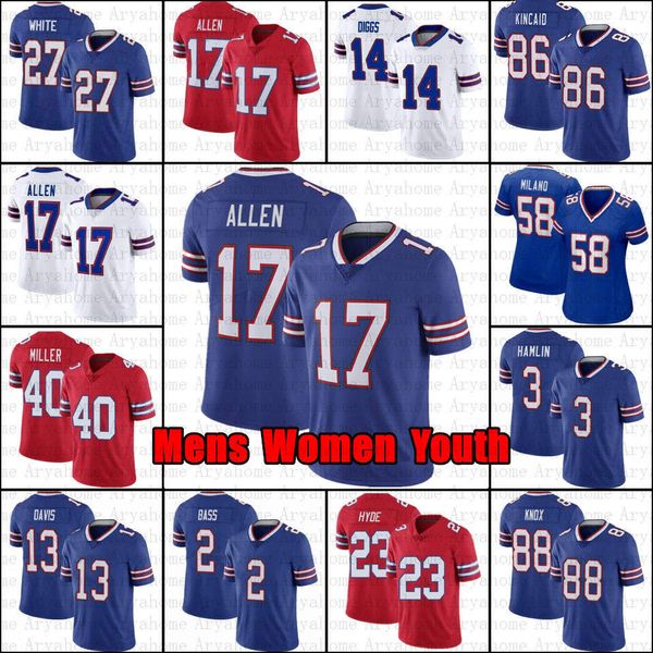 

17 josh allen stefon diggs football jerseys von miller buffalos gabriel davis billes tre'davious white dawson knox matt milano jim kell, Black;red