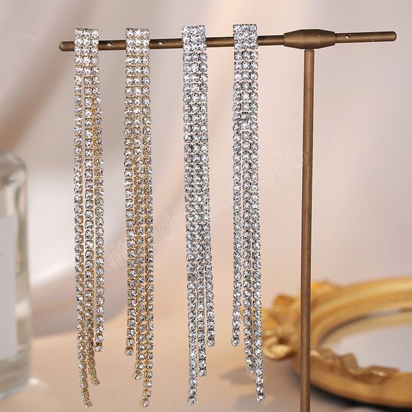 

simple trendy long shiny full crystal rhinestone tassel earrings for women drop dangle bridal wedding earrings stud jewelry gift, Silver