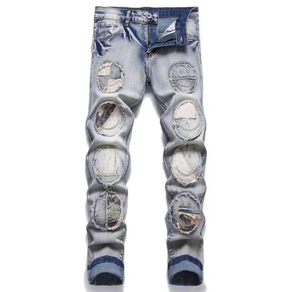 

trendy high street mens jeans pants fashion designer blue hole washed casual fit straight leg pant youth rivet print patch black jean embroi
