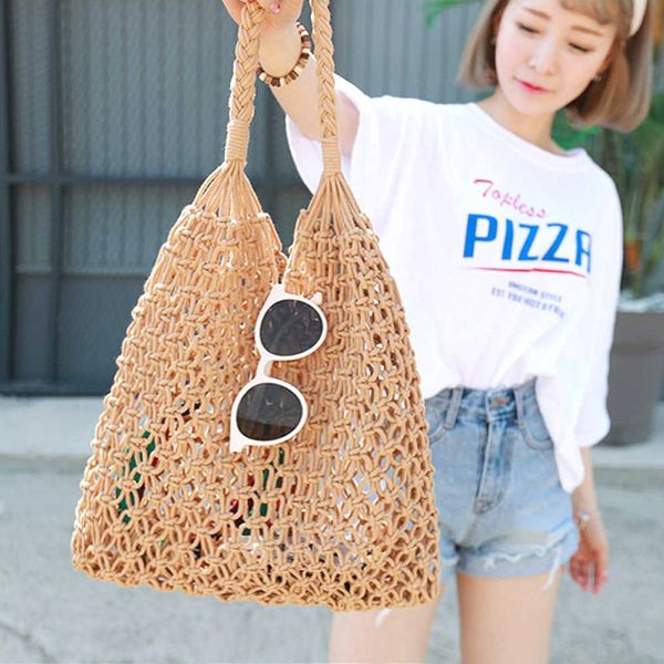 

nxy new hollow out shoulder bags fashion cotton rope fishing net bag women's knitting handbag summer beach totes 230424