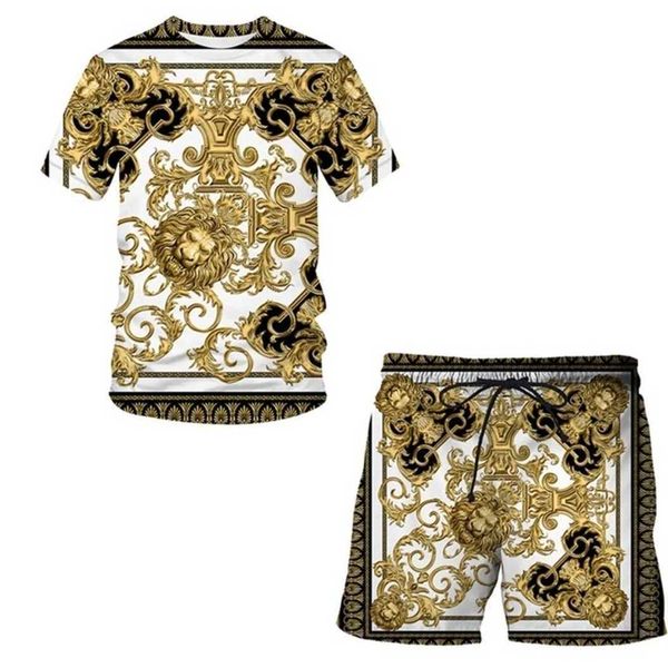 

t-shirt short sport vercace set 3d luxury versage sleeve and summer pants 2 pieces men fitness casual clothes work out running suit 220326, Gray