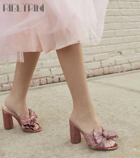 

sandals ladies gold pleated bow knot slip on mules slip on wedding heeled sandals for women block high heels design dress slippers8332369, Black