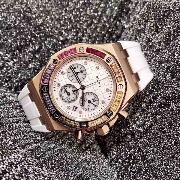 

designer women's watch 37mm stainless steel watch rubber strap with diamond sapphire mirror six-pin timing quartz movement gest quality, Slivery;golden