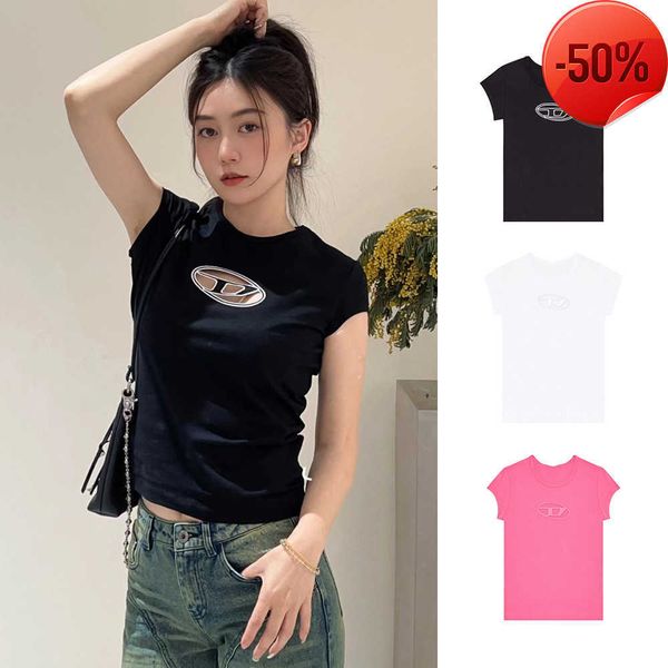 

designer haute couture2023 summer new style punk cool cut-out embroidery short sleeve girl slim t-shirt for women, White