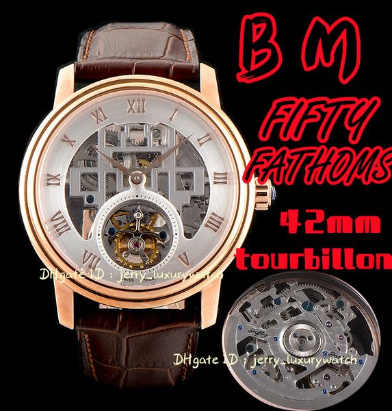 

bm luxury men's watch fifty fathoms tourbillon series rose gold watch (cowhide - rose gold - black hollow out dial, asia tourbillon man, Slivery;brown