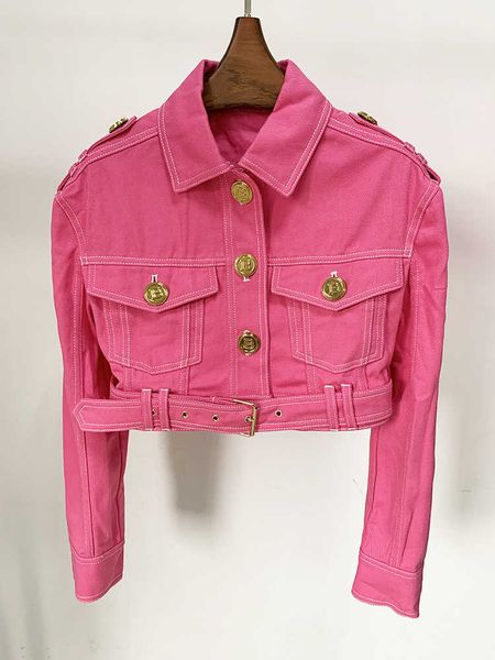 

women's jackets high street 2023 designer motorcycle biker jacket women's metal buttons belted denim short jacket j230502, Black;brown