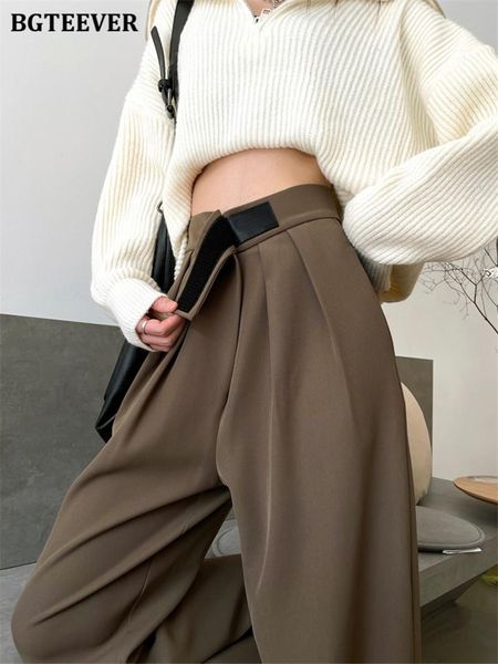 

jeans bgteever elegant high waist ladies wide leg suit pants summer autumn loose pockets casual straight long trousers for women, Blue