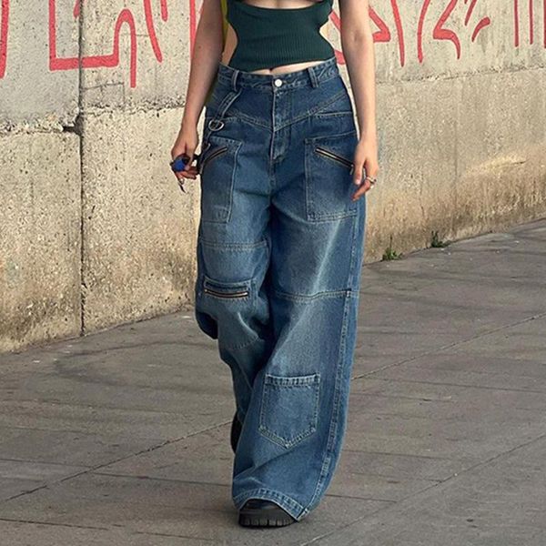 

jeans y2k jeans women high waist button up straight pants retro baggy 90s denim cargo pants fashion vintage 2000s streetwear, Blue
