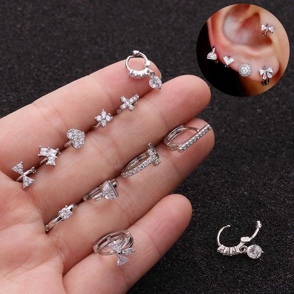 

fashion bling micro inlaid cubic zircon huggie hoop earrings small ear buckle ring cartilage puncture piercing earring white gold plated jew, Golden;silver
