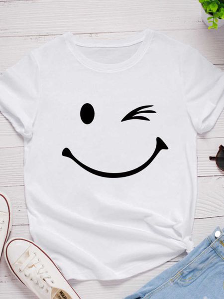 

cute smile face print women t shirt short sleeve o neck loose women tshirt ladies tee shirt clothes camisetas mujer, White