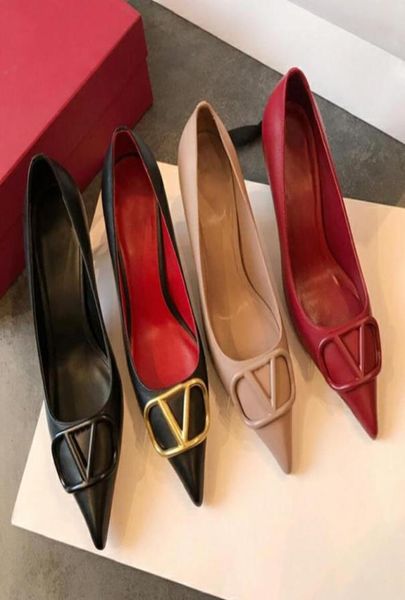 

luxury women high heel shoes brand metal buckle pointed toe thin heel sandals 6cm 8cm 10cm shallow black nude blue red wedding sho1438365