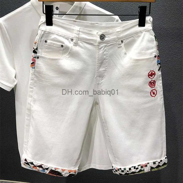 

men's shorts summer new jeans shorts men stitching embroidery knee-length white black retro blue fashion japanese stretch denim shorts