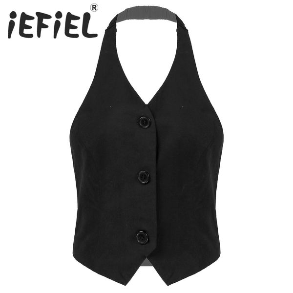 

leather fashion women classic halter suit vest backless button down adjustable back vest shirts tuxedo suit waistcoat for formal party, Black