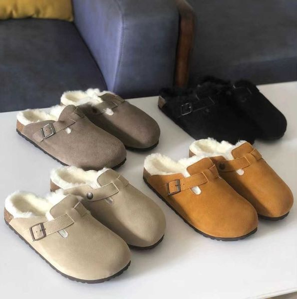 

sandals boston shearling fur mule slipper designer clogs suede leathe slippers wook fur cork flat slides fashion clog arizona mayari men mot, Black