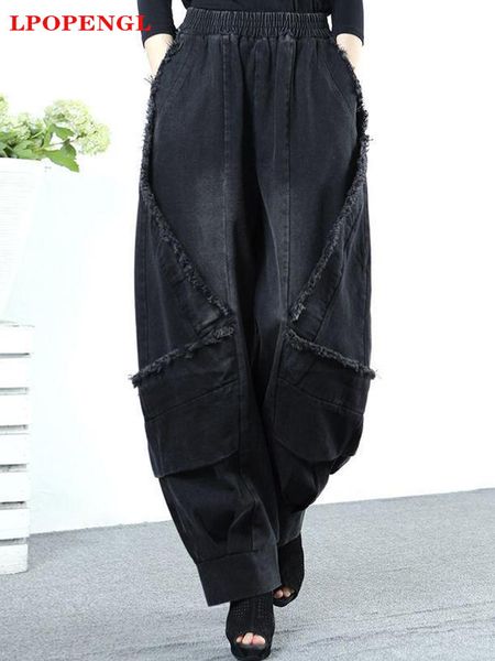 

jeans black wideleg jeans harem pants loose fashion casual full length high waist patchwork print pocket jeans women autumn winter, Blue