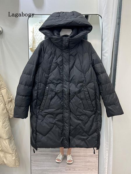 

parkas lagabogy 2022 new winter women's loose puffer coat hooeded solid color thicken long warm 90% white duck down jacket female parka, Black
