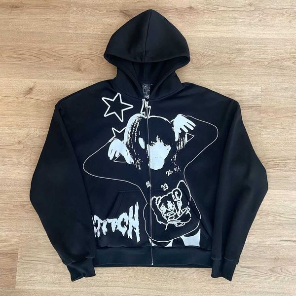 

men's jackets 2023 american street retro zip sweatshirt oversized hoodie gothic letters cartoon print jacket y2k harajuku casual loose, Black;brown
