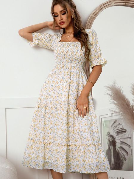 

dresses square collar print dresses for women casual 2022 summer half sleeve clong chiffon floral beach dress wrap sundress, Black;gray