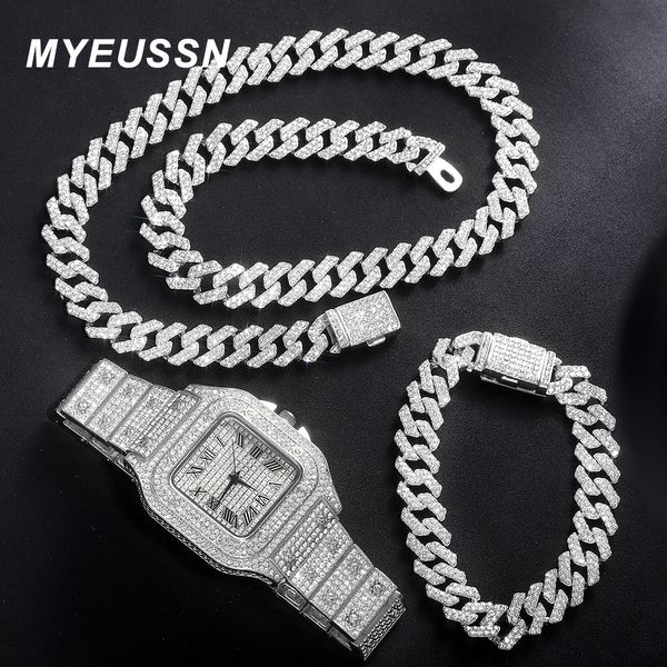 

chokers hip hop 13mm cuban chain 3pcs watchnecklacebracelet bling crystal iced out s cuban chains for women men jewelry gift 230428, Golden;silver