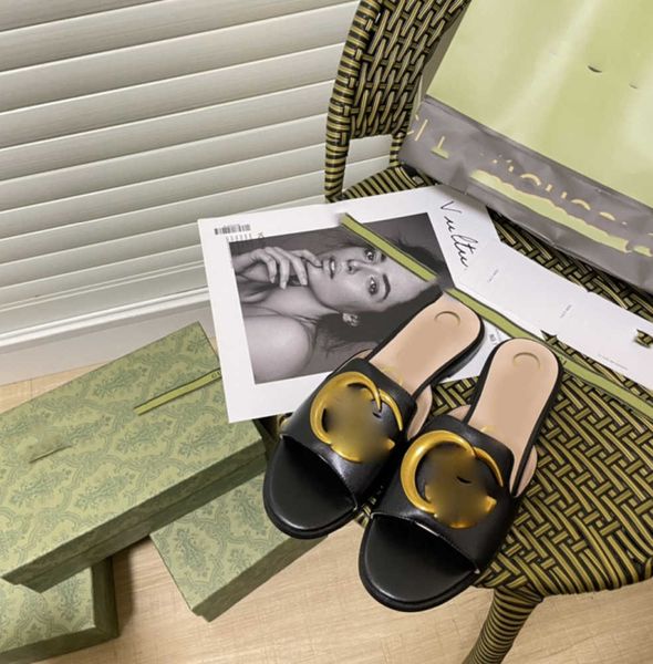 

designer slippers women luxury genuine leather sandals summer flat slipper metal sheepskin fashion beach shoes 35-42 with box, Black