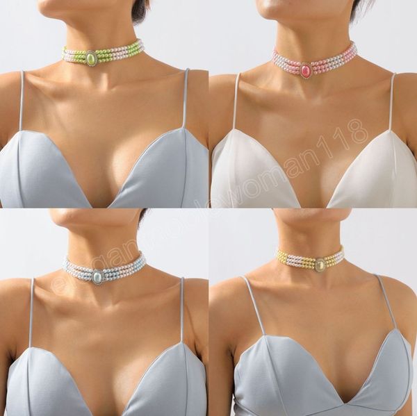 

crystal oval choker necklace for women vintage multi layer pearl chain necklace aesthetic jewelry wedding, Silver