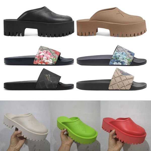 

luxury designer sandals women platforms floral brocade slippers flats rubber platform gear bottoms purple mens womens loafers casual slides, Black
