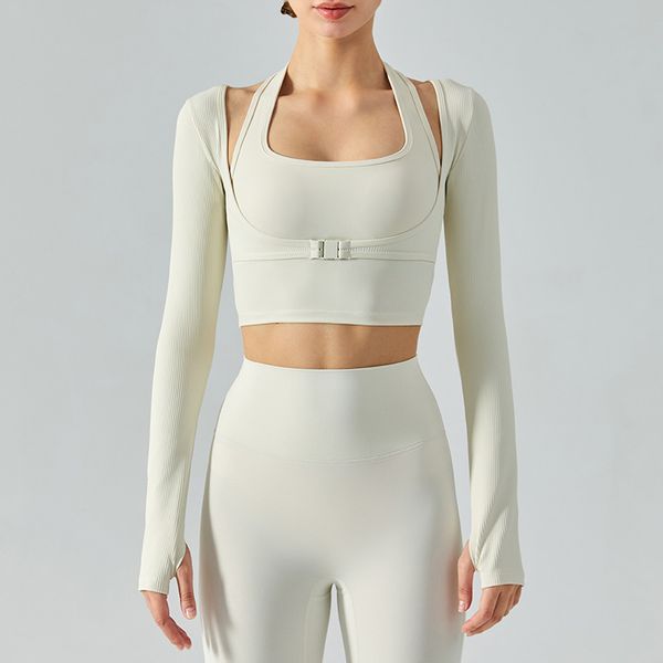

long-sleeved sports yoga women's fitness clothing with chest padtfjj, White