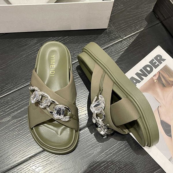 

slippers designer flats chain women trendy thick outside dress slides summer walking beach platform pu leather femme flip flop 230424, Black