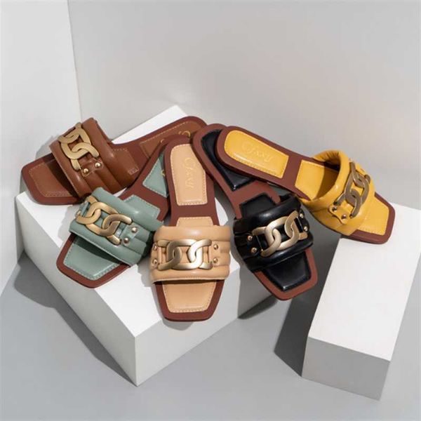 

slippers new ladies flip flops 2022 summer slides fashion black metal chain decorated flat round toe women slides female beach shoes j230502