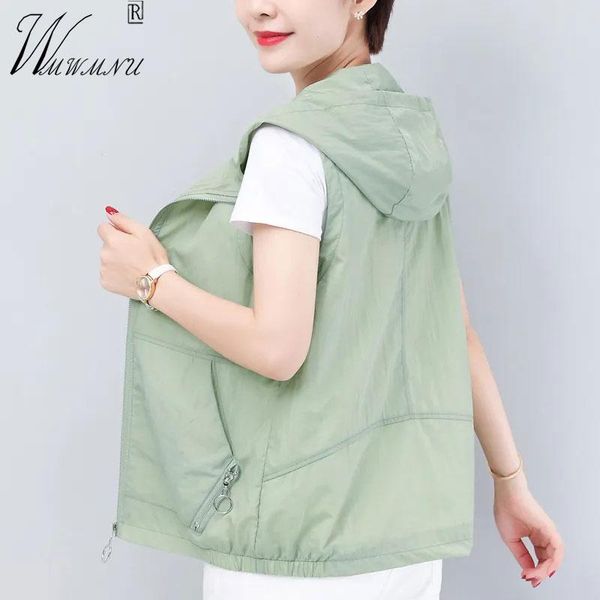 

leather women's hooded thin summer vest casual loose solid color 4xl plus size chalecos mother cardigan liner doudoune sans manche femm, Black