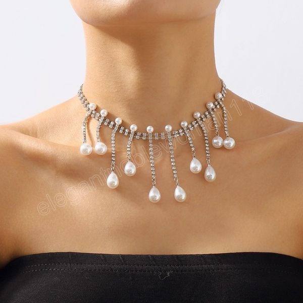 

luxury water drop pearl choker necklaces for women tassel crystal necklaces wedding banquet jewelry, Silver