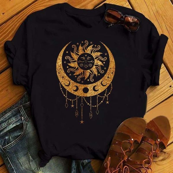 

women's t-shirt golden sun moon stars print women t shirt short sleeve o neck loose women tshirt ladies tee shirt camisetas mujer 2304, White