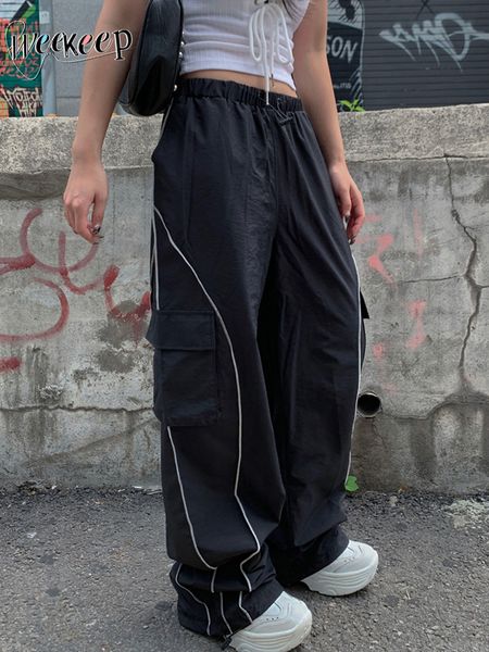 

women's pants capris weekeep oversized black sweatpants low rise side stripe basic cargo lady y2k streetwear baggy jogger casual korean, Black;white