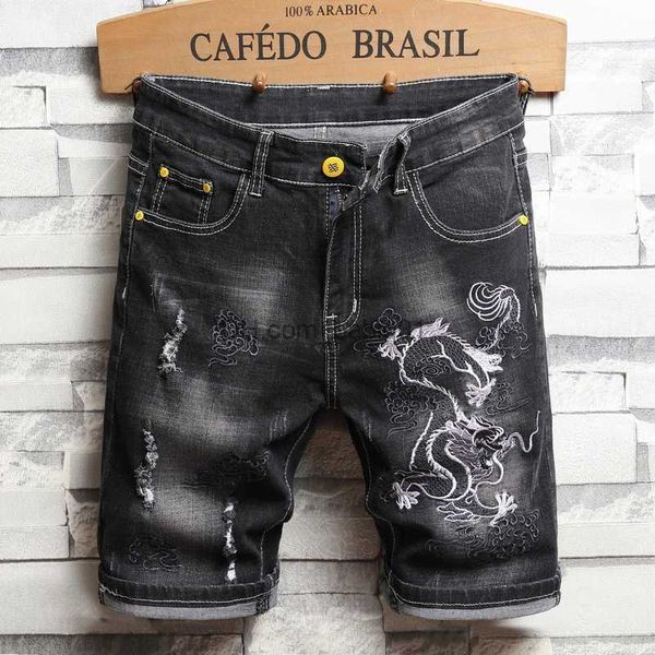 

men's shorts men chinese style embroidery dragon shorts jeans slim knee length personality fashion frayed black stretch cotton denim sh, White;black