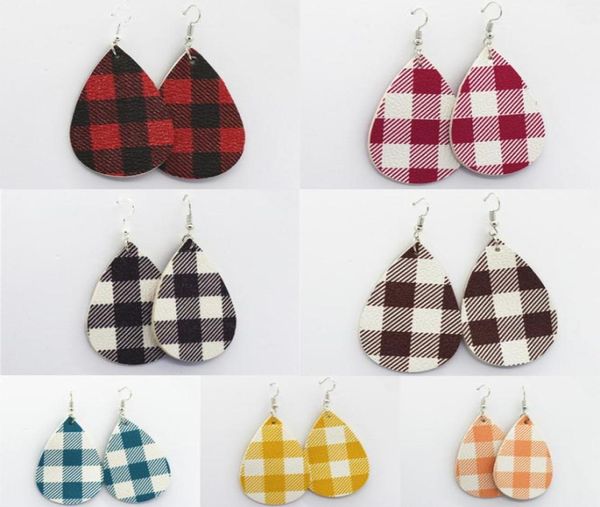 

buffalo plaid earring 7 colors pu leather teardrop earrings faux leather water drop earrings fashion grid earring jewelry bjy8718286998, Red;brown