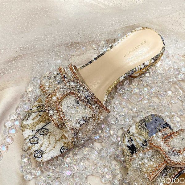 

slippers 2023 new chunky heel fashion flat ladies rhinestone slippers womens shoes comfort summer peep toe shoes j230502, Black