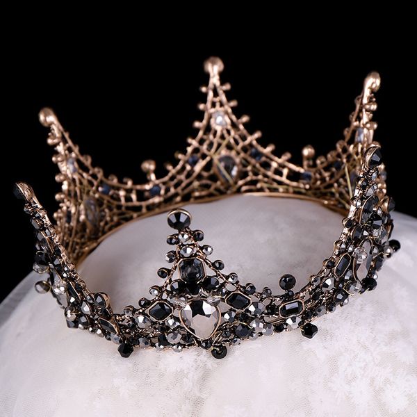 

european and american atmospheric round crown crystal rhinestone bridal crown headwear dinner party handcrafted crown black bridal jewelry t, Silver