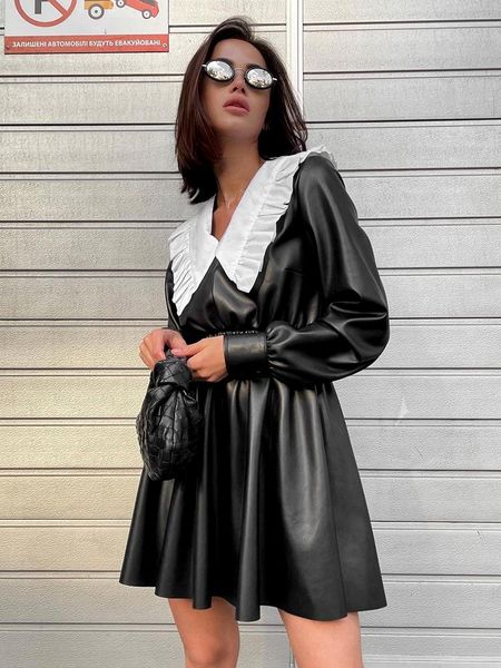 

dresses mnealways18 patchwork women leather dress with peter pan collar high waist autumn winter dress elegant ladies black dress frill, Black;gray