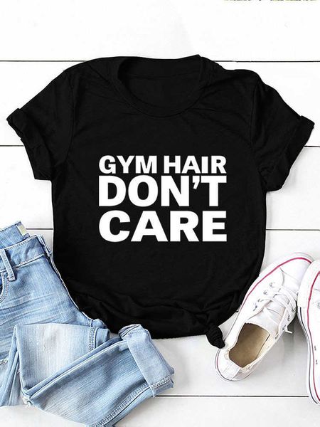 

gym hair don't care letter print women t shirt short sleeve o neck loose women tshirt ladies tee shirt camisetas mujer, White