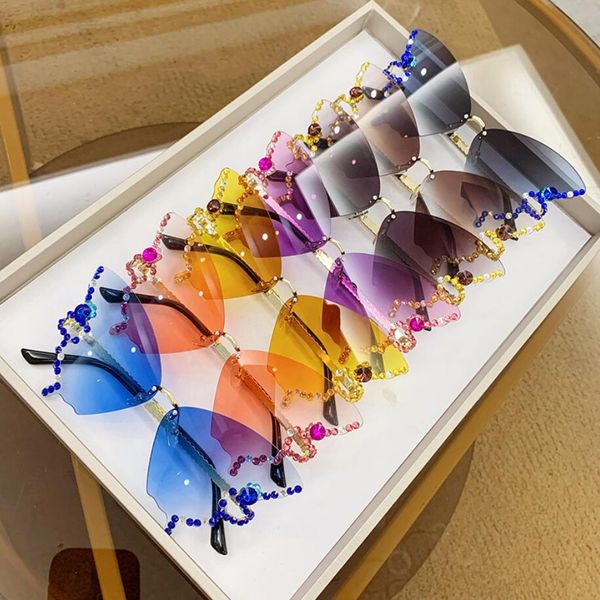 

butterfly diamond luxury brand designer sunglasses trendy fashion rimless crystal sun glasses bling diamond eyewear, White;black