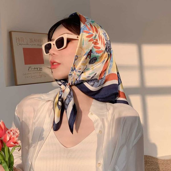

scarves retro head neck silk scarf women luxury print small scarves female flower stripe wave point headscarf beach sunscreen scarf j230502, Blue;gray