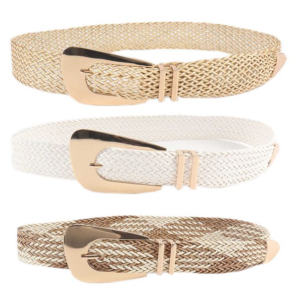

other fashion accessories ladies designer belt straw weave gold manual braided belts for women irregular metal buckle girdle dress clothing, Silver