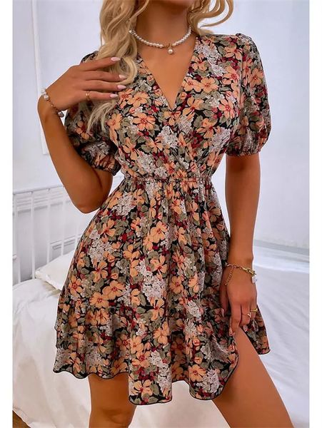 

open tie back floral women recreational dress, Black;gray