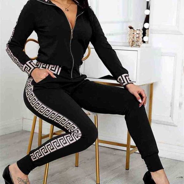 

suit greek elegant fashion two -pieces vercace sets female stylish plus size versage fret women print coat pant sets 210722, White