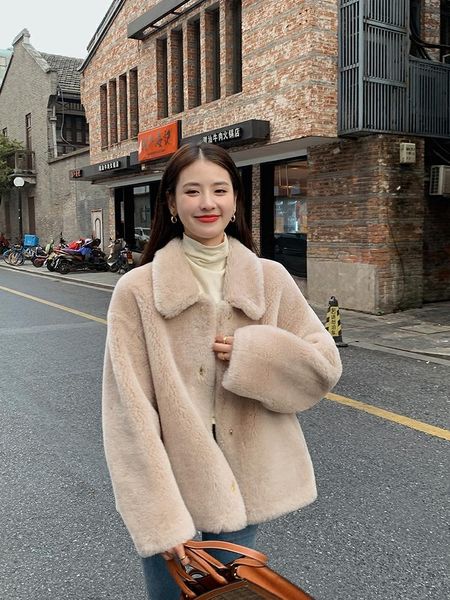 

fur women coats and jackets winter genuine real lamb wool coat women's sheep shearing coat 2021 new fur turn down coats, Black
